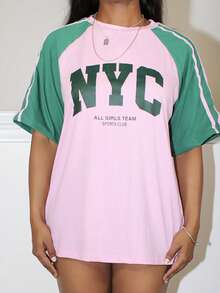 Steph T 女式休闲字母印花圆领插肩袖T恤 - 彩色 - 查看 4