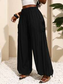 Xyvia Women's Solid Color Loose Pleated Pocket Pants, Suitable For Vacation And Daily Wear - Black - View 7