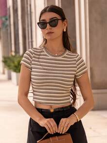 Andrea Bello 女式条纹针织修身 T 恤，休闲时尚，适合日常穿着 - 彩色 - 查看 3
