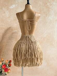 Soleia New Vacation Knit Halter Tie Rope Multi-Layer Tassel Mini Dress, Suitable For Party, Date, Valentine's Day, Easter, Carnival, Afternoon Tea, Beach Cruise, City Vacation, Autumn/Winter Layering - Khaki - View 2