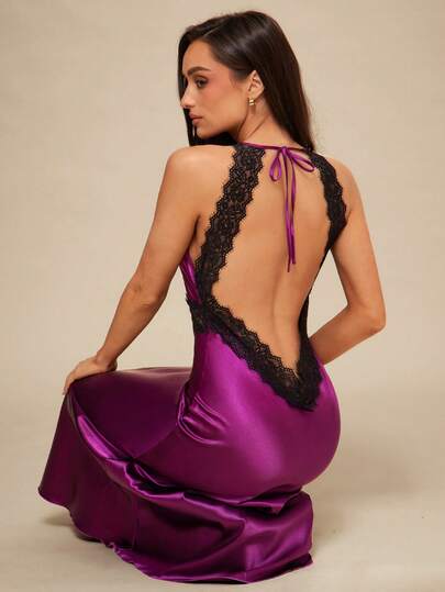 Silquee 1 件 SilkySpell 女士性感深 V 睡袍，缎面长裙，蕾丝边露背长裙，适合所有季节，可外穿