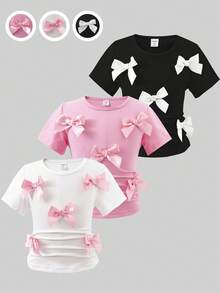 3pcs Young Girl Bow Decor Casual Solid Color Round Neck Short Sleeve T-Shirt, Comfortable & Fashionable, Suitable For Travel, Spring/Summer Wear - Multicolor - View 1