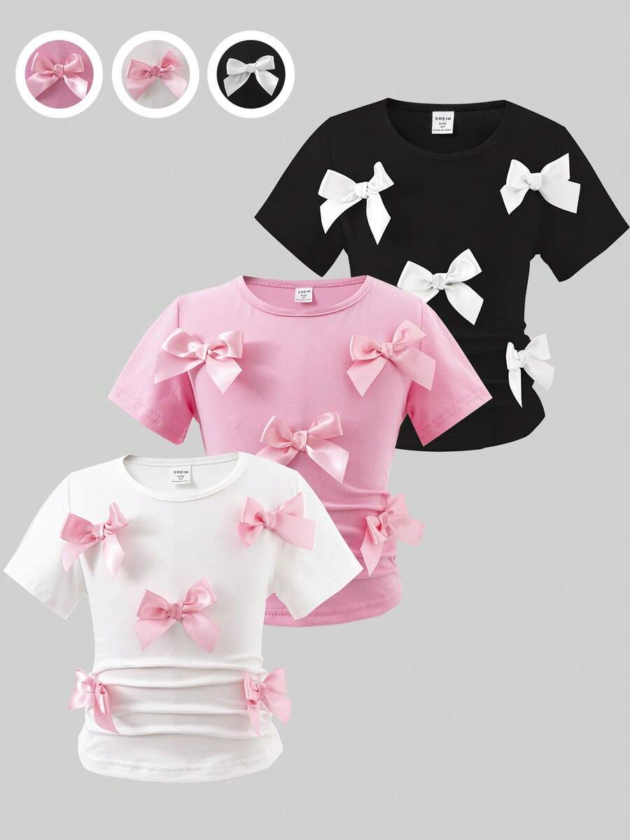 3pcs Young Girl Bow Decor Casual Solid Color Round Neck Short Sleeve T-Shirt, Comfortable & Fashionable, Suitable For Travel, Spring/Summer Wear - Multicolor - View 1