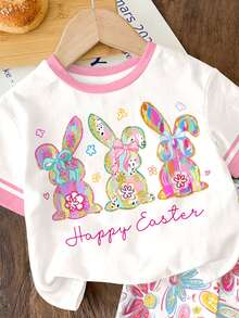 SHEIN 两件套可爱兔子花卉印花条纹休闲短袖上衣和短裤套装，适合夏季穿着、派对、日常穿着、度假、田园风等场合。 - 彩色 - 查看 4