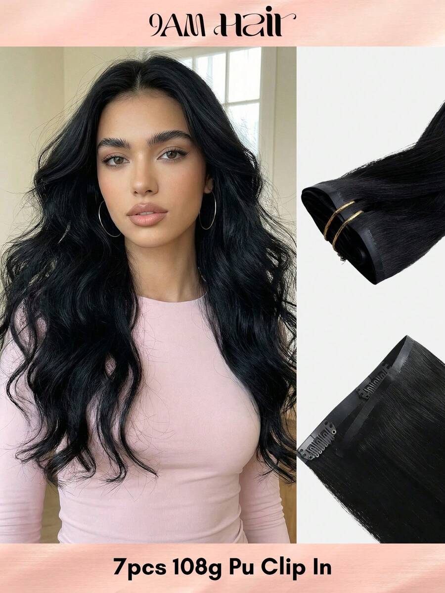 Seamless Clip Ins 100% Real Human Hair Extension 7PCS Seamless PU Clip In Human Hair Extensions Straight 14-22 Inch Jet Black Skin Weft Remy Hair Extensions 110G With Clips - S1 - View 1