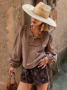 DAZY Embroidered Hollow Lace-Up Loose Long Sleeve Pullover Elegant Summer Blouse For Women - Brown - View 3