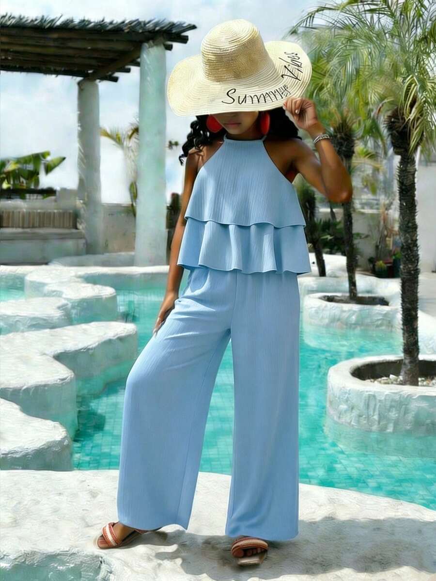SHEIN Sparklyn 2pcs/Set Tween Girls Camisole & Pants Set,Sky Blue Summer Funny Vacation Holiday Casual Light Blue Two Piece Outfit Suitable For Spring & Summer - Blue - View 1