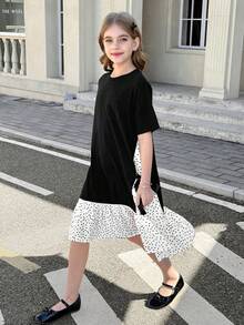 SHEIN 少女春夏休闲针织波点蝴蝶结装饰宽松A字短袖连衣裙，黑色，适合日常外出和返校穿着 - 黑與白 - 查看 7