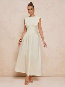 Lumalex Buttercream 100% COTTON White Summer Elegant Tea Party Midi Dress,Boat Neck Soft Cap Sleeves Empire Waist A-Line Open Back Wedding Guest Party Dress - Light Yellow - View 10