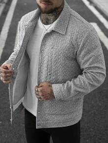 Manfinity Homme 男士夹克，男士休闲纯色夹克，灰色男士纽扣夹克，适合春秋季穿着，男士休闲工装口袋纯白色纹理衬衫夹克，休闲简约风格，都市成熟风格，英伦绅士风格，意式优雅风格，男士衬衫夹克，白色男士衬衫夹克，灰色夹克 - 灰色 - 查看 5