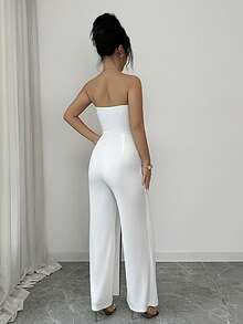 Rafferiza Modern Minimalist White Strapless Jumpsuit: Black-Accented Split Wide-Leg Silhouette With Ornate Metal Fasteners – Polished Elegance For Office & Elevated Daily Wear - White - View 2