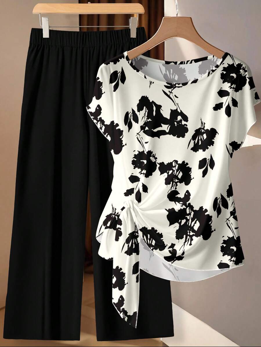 Mellowie 女士系带蝴蝶结衬衫和直筒裤两件套，碎花两件套，简约两件套，休闲两件套 - 彩色 - 查看 1