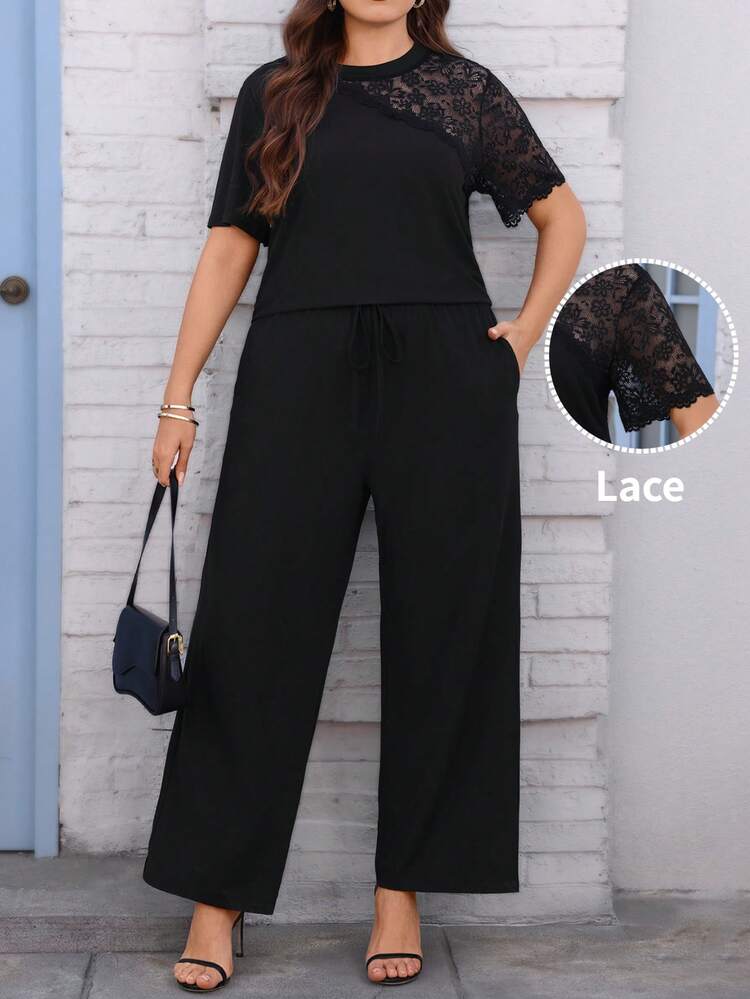 Plus Size Elegant Commuter Solid Color Lace Patchwork Top And Pants 2 Pieces Set, Summer