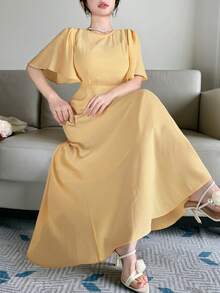 DAZY Robe mi-longue élégante à col rond et manches volantées de couleur unie, robes d'été pour femmes - Jaune citron - Voir 9