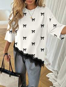 SHEIN LUNE Áo thun nữ màu trơn, vạt áo bất đối xứng, phối ren, kiểu dáng thường ngày, đa năng, thích hợp mặc đi nghỉ mát, hè, xuân, nghỉ xuân và nhiều dịp khác, bao gồm váy đi biển, áo sơ mi thường ngày, áo khoác ngoài và áo mùa hè. - Nhiều màu - Xem 3