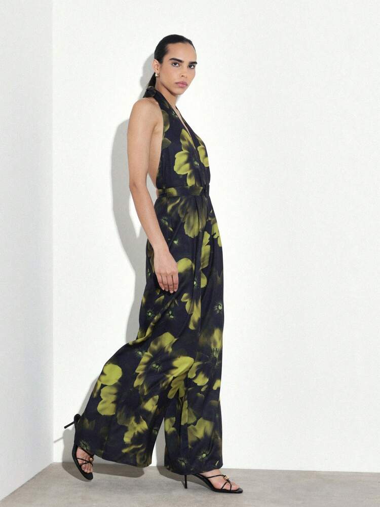 KSTM Women's Halter Neck Backless Floral Print Maxi Jumpsuit With Plunge Neckline And Flowy Wide Leg Palazzo Style