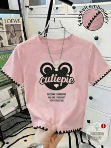 Resyla Slogan & Cartoon Graphic Contrast Trim Tee - Pink - View 1