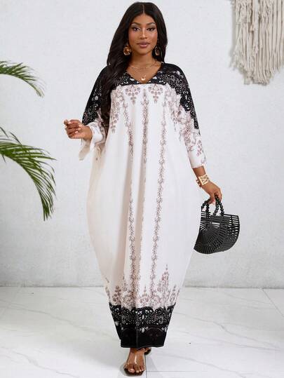Villa Velisse Plus Size Women V-Neck Split Design Dress, Middle Eastern Bohemian Style Casual Vacation Intellectual Romantic Dress