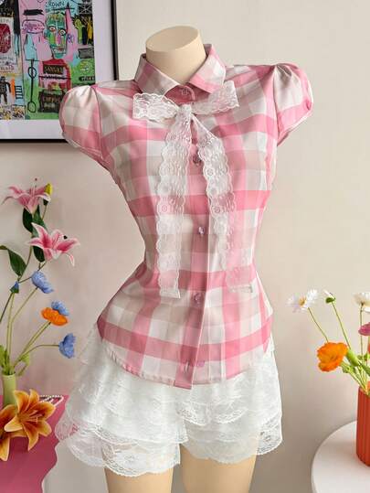 Lalippa Áo sơ mi nữ kẻ caro tay ngắn cài một hàng khuy trang trí nơ