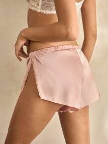 Charlaine Vita trosor med spetskant i satin för kvinnor, öppna på sidan - Dammrosa - Visa 5