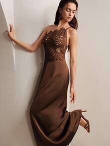 Anewsta Elegant Sexy Knit Patchwork One-Shoulder Fishtail Dress - Coffee - View 7