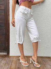 Sunnyshic 女士纽扣口袋扭褶休闲百搭日常牛仔裤 - 白色 - 查看 4