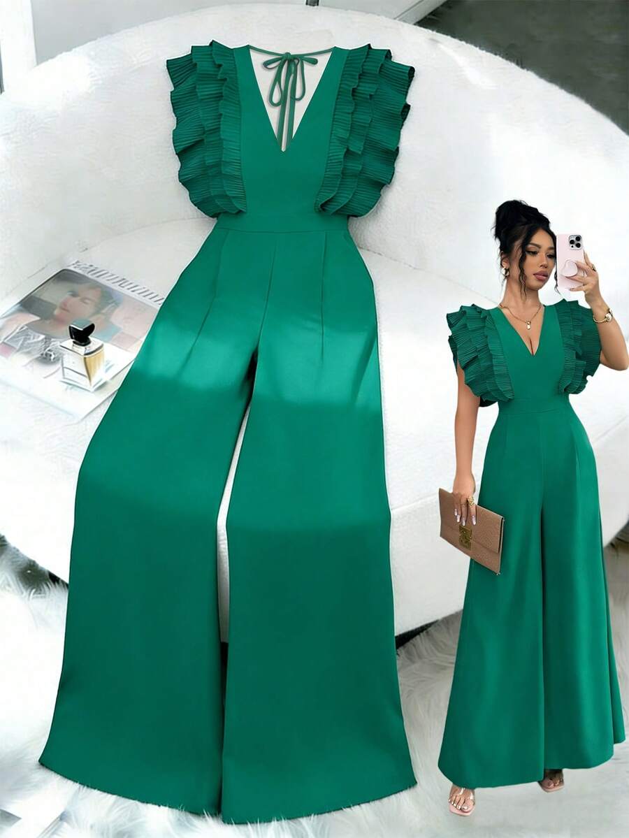 Elenzga Mono elegante y casual para mujer, de tela verde suave y cómoda, con diseño de mangas con doble capa de volantes plisados, casual y elegante, adecuado para salidas, viajes o eventos sociales, un artículo esencial en el guardarropa de la mujer - Verde - Ver 1