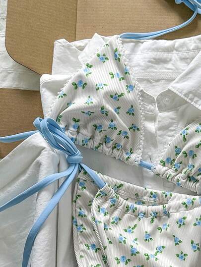 Swim Mod 女士随机印花露背荷叶边比基尼套装，春夏款