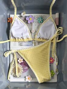 Swim Mod-D Women's Spring/Summer Jacquard Fabric Halter Shell Crochet Trim Metal Decor Bikini Set - Yellow - View 4