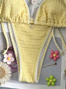Swim Mod-D Women's Spring/Summer Jacquard Fabric Halter Shell Crochet Trim Metal Decor Bikini Set - Yellow - View 5