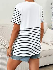 SHEIN Pregnant Women's Patchwork Striped Pocket Round Neck Short Sleeve Casual Nursing T-Shirt - White - View 2