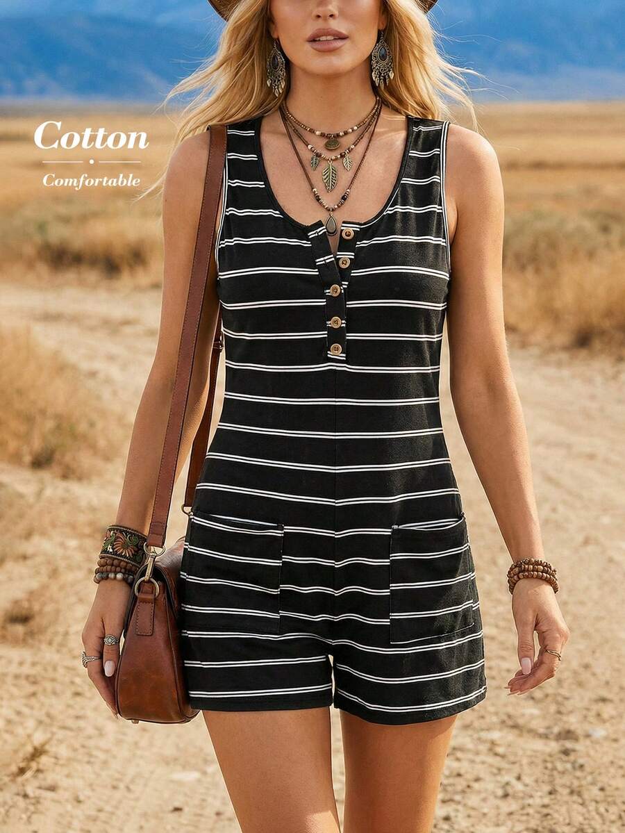 SHEIN LUNE 女士休闲条纹做旧复古连体裤，适合夏季度假、通勤、日常穿着，时尚无袖连体裤 - 黑與白 - 查看 1