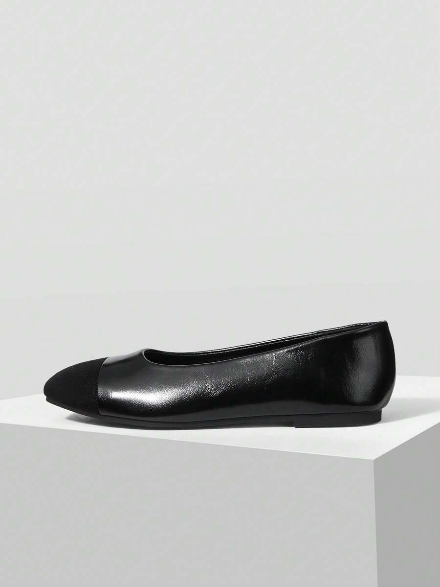 MOTF WOMEN CONTRAST PU LEATHER SQUARE TOE FLATS FOR CHRISTMAS VALENTINE'S DAY SPRING SHOES - Black - View 2