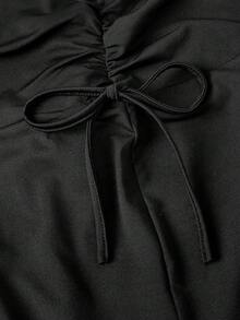 SHEIN MOD Petite 女士高腰侧抽绳褶裥鱼尾长款黑色半身裙 - 黑色 - 查看 3