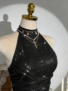 Franclia Đầm ôm sát không tay, màu đỏ tía đính sequin, cổ yếm, co giãn, gợi cảm dành cho nữ/Hẹn hò/Tiệc tùng/Hộp đêm/Dạo phố/Halloween/Ngày Valentine/Đầm thanh lịch/Đầm Giáng sinh/Đầm sinh nhật/Hộp đêm/Đầm dự tiệc/Lễ hội năm mới/Mùa xuân/Mùa hè/Mùa thu/Mùa đông. - màu đen - Xem 5