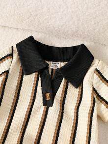 SHEIN Playful Pals Baby Boy Black And White Checkered Summer Casual City Break Khaki Textured Striped V-Neck Lapel Clothes,Kids Casual Daily Wear Spring Summer Outfit - Black - View 4