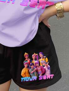 多巴胺色，K-POP卡通女孩，返校季，复古甜美少女休闲宽松圆领短袖T恤短裤两件套，适合春夏穿着，街头风，休闲校园运动风，户外野餐 - 彩色 - 查看 4