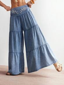 Bohemela 波西米亚风度假休闲梭织刺绣宽松阔腿女式牛仔裤 - 藍色 - 查看 4