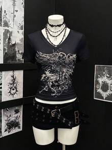 EgrlEra Women's Retro Punk Y2K Style Graphic Print Rhinestone Embellished Fitted T-Shirt - Black - View 1