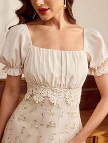 Vintamour Vintage Classic Elegant Floral Print Ruched Embroidered Patchwork Midi Dress, Apricot Color, Spring/Summer French Style Dress Cream Dress - Apricot - View 9