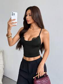SHEIN PETITE Áo hai dây cổ tròn viền ren màu trơn dành cho nữ, áo tank top gợi cảm, áo kiểu sexy, áo đi nghỉ mát, áo mùa hè, áo đi chơi đêm cùng bạn bè. - màu đen - Xem 6