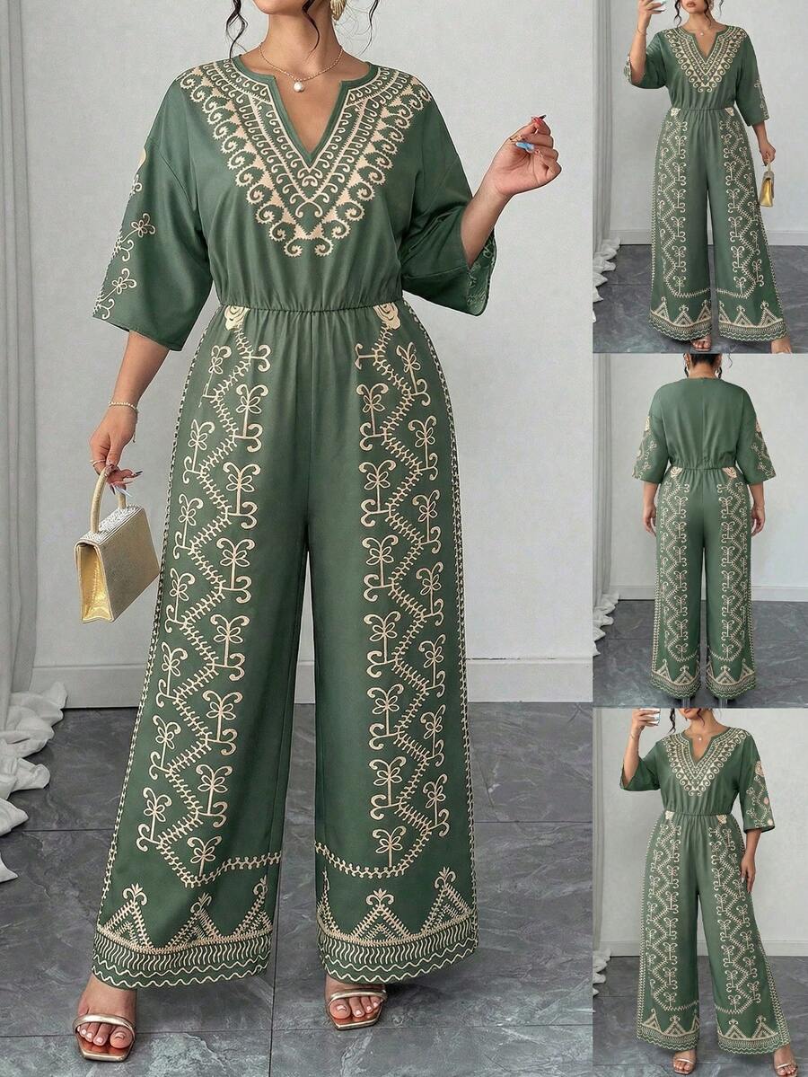 Elenzga Plus Size Summer Casual Retro Print Halter Jumpsuit - Green - View 1