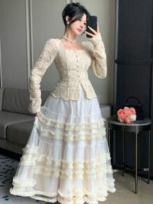 DAZY Women's Elegant Textured Fitted Top And Long Skirt 2 Pieces Set, Spring/Summer - Apricot - View 7