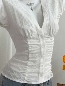 Elamini Women's Casual Deep V-Neck Pleated Petal Sleeve Blouse, Made Of Organic Cotton Jacquard Fabric - White - View 4