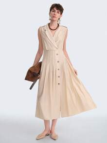Aalyst Đầm maxi nữ mùa xuân/hè thanh lịch, sang trọng, thiết kế tối giản, phong cách bohemian thường ngày, thích hợp đi nghỉ mát/công sở, kiểu dáng cổ điển, chất liệu vải mềm mại, màu trơn, cổ bẻ, gấu váy xếp ly, cúc trang trí bằng gỗ, eo chun, dáng chữ A không tay. - Màu Hồng baby - Xem 6
