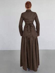 Siren Gaze Autumn/Winter New Striped Office Shirt And Midi Skirt Set For Women - Brown - View 2