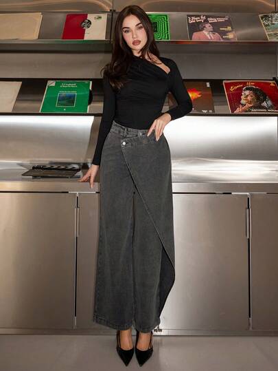 Bris Aura 女式不对称设计黑色牛仔裤