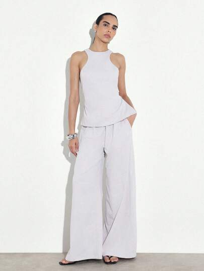 KSTM Halter Neck Tank Top With Wide Leg Palazzo Pants Two Piece Coordinating Set Casual Summer Lounge Wear Matching Outfit