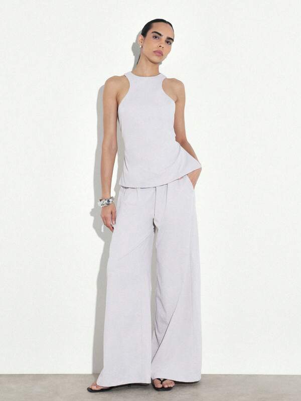 KSTM Halter Neck Tank Top With Wide Leg Palazzo Pants Two Piece Coordinating Set Casual Summer Lounge Wear Matching Outfit