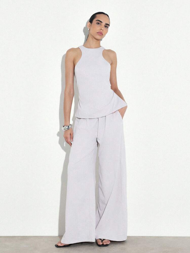 KSTM Halter Neck Tank Top With Wide Leg Palazzo Pants Two Piece Coordinating Set Casual Summer Lounge Wear Matching Outfit
